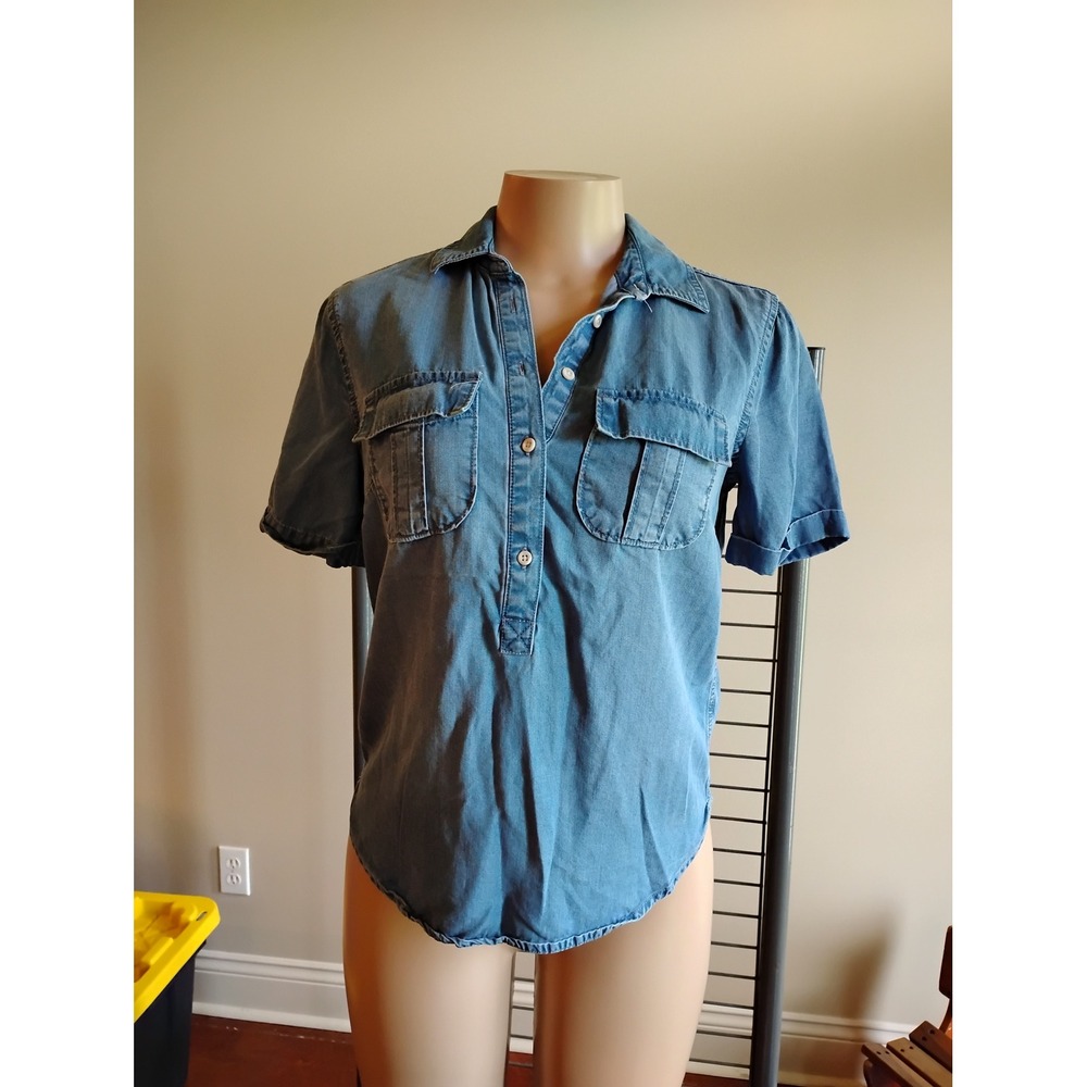 Merona Womens XS Blue Lyocell Short Sleeve Denim Shirt High Low Hem Top‎